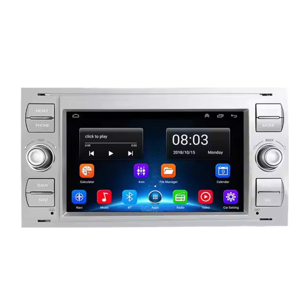 Grey Ford Focus Fiesta Android stereo panel with app interface