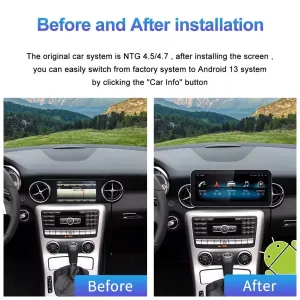 Upgrade your Mercedes SLK W171 Android Head Unit 2008–2011 NTG4.5 with 8-core CPU, 4+64GB or 6+128GB, 12.3″ IPS display, DSP, Wireless CarPlay & Android Auto.