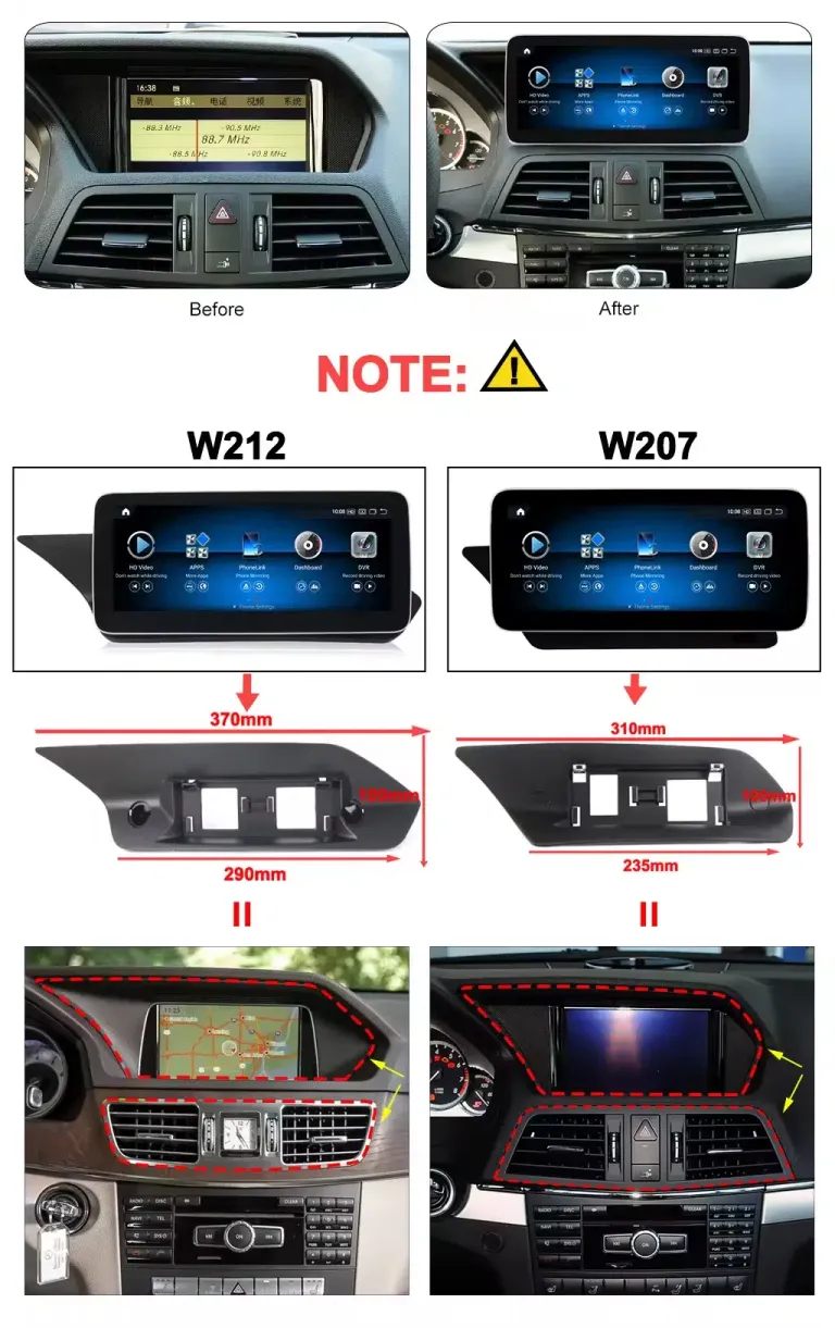 Mercedes W212 and W207 dashboard size comparison for Android screen selection