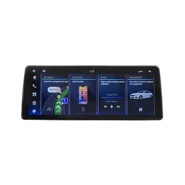 BMW E60 E90 Android Head Unit home screen with navigation phone link music and factory system switch