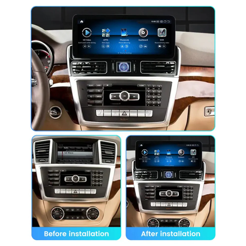 Mercedes W166 X166 dashboard before and after Android screen upgrade