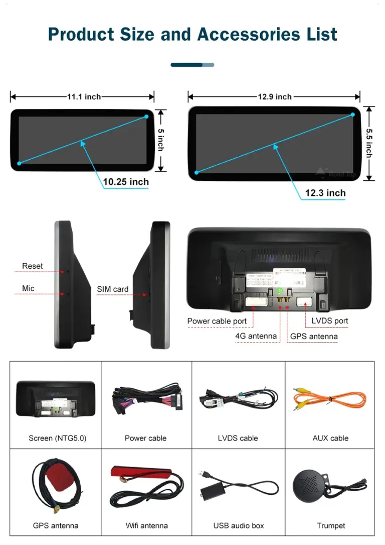 Mercedes Android screen product size and accessories list including power cable LVDS cable AUX cable GPS antenna WiFi antenna USB audio box and speaker