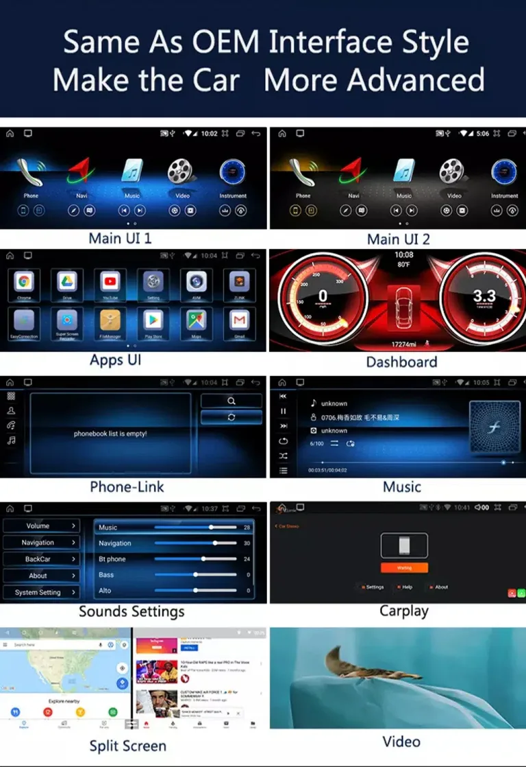 Mercedes Android screen OEM style UI apps dashboard CarPlay sound settings split screen