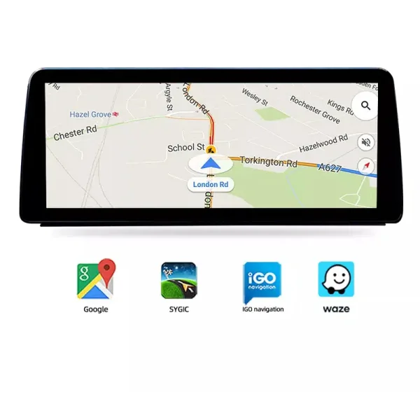 BMW E60 E90 Android head unit navigation app interface with Google Maps Waze and iGO