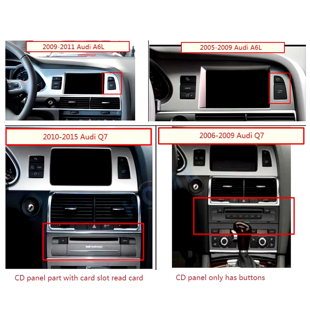 Sammenligning af kompatibilitet mellem instrumentbræt og CD-panel i Audi Q7 fra 2006 til 2015