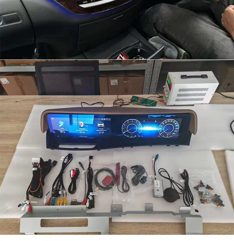 Mercedes W221 Android head unit complete package with screen harnesses interface module GPS antenna USB cables brackets and fasteners