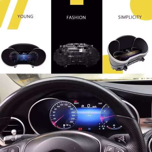 Mercedes W205 digital cluster installed in dashboard with modern driver display