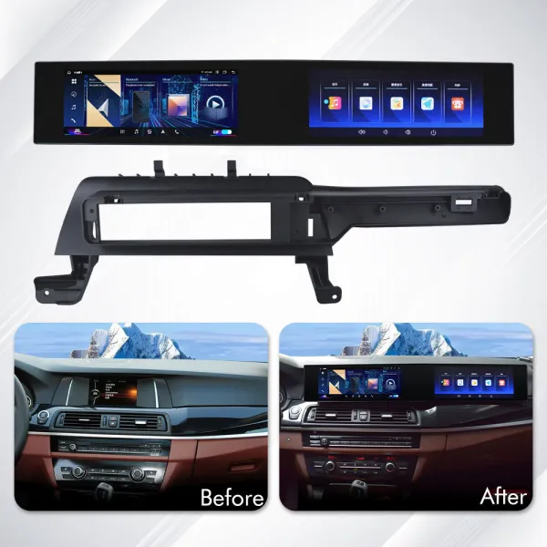 BMW 5 Series CIC screen before and after 21 inch Android stereo upgrade
