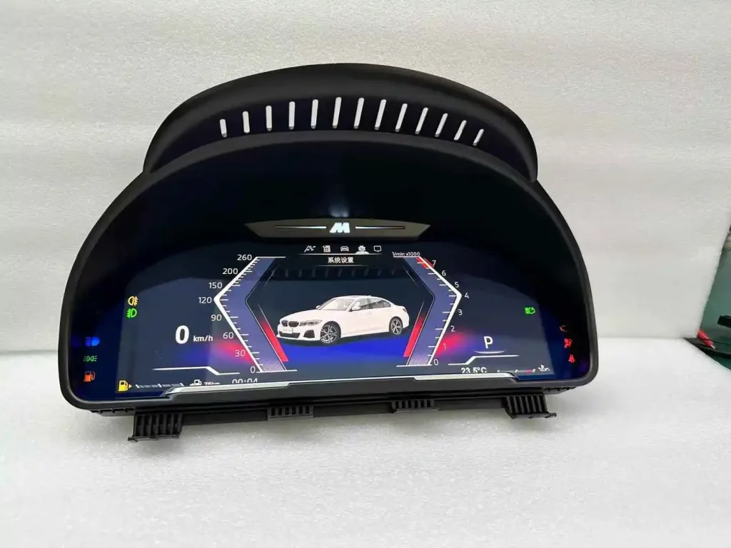 BMW digital instrument cluster powered on product display with warning indicators