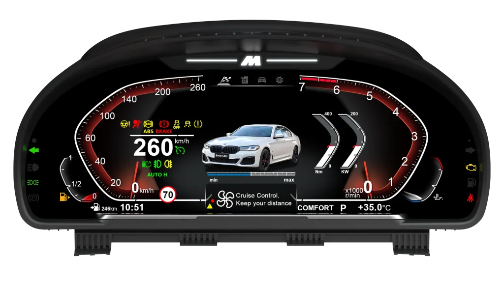 BMW F30 digital cluster sport UI with vehicle status and warning icons