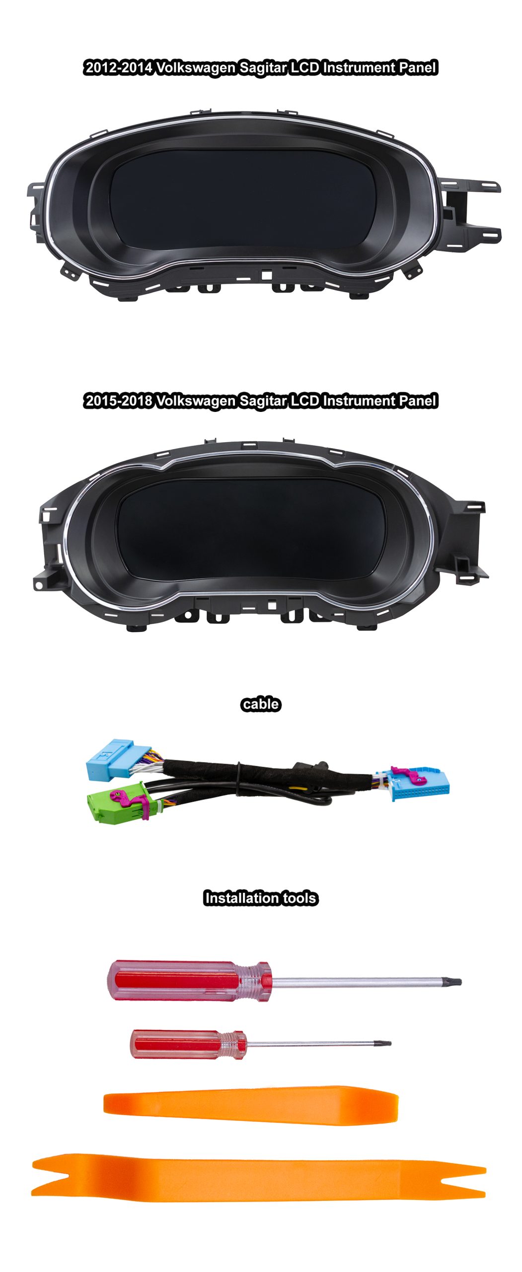 VW Jetta digital instrument cluster kit — paketets innehåll (kluster, kabelhärva, verktyg)
