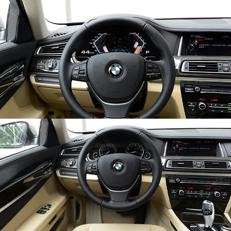 BMW 7 F02 digital instrument cluster installed before and after dashboard upgrade
