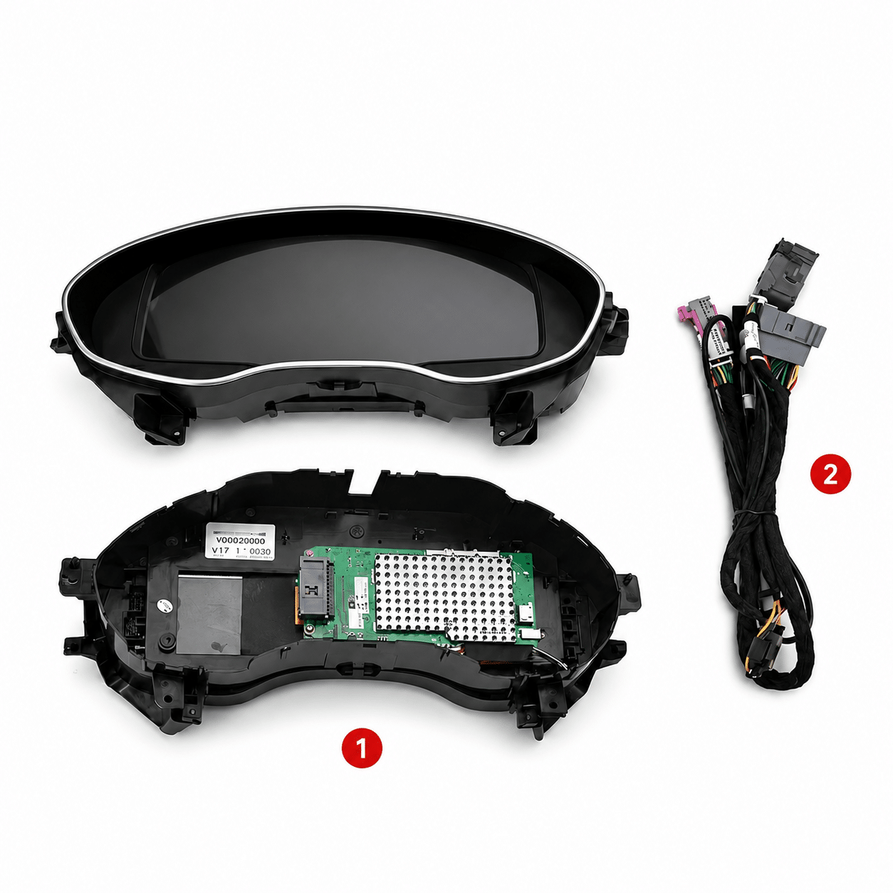 Audi C7 LCD instrument cluster front rear construction and supplied cable harness details