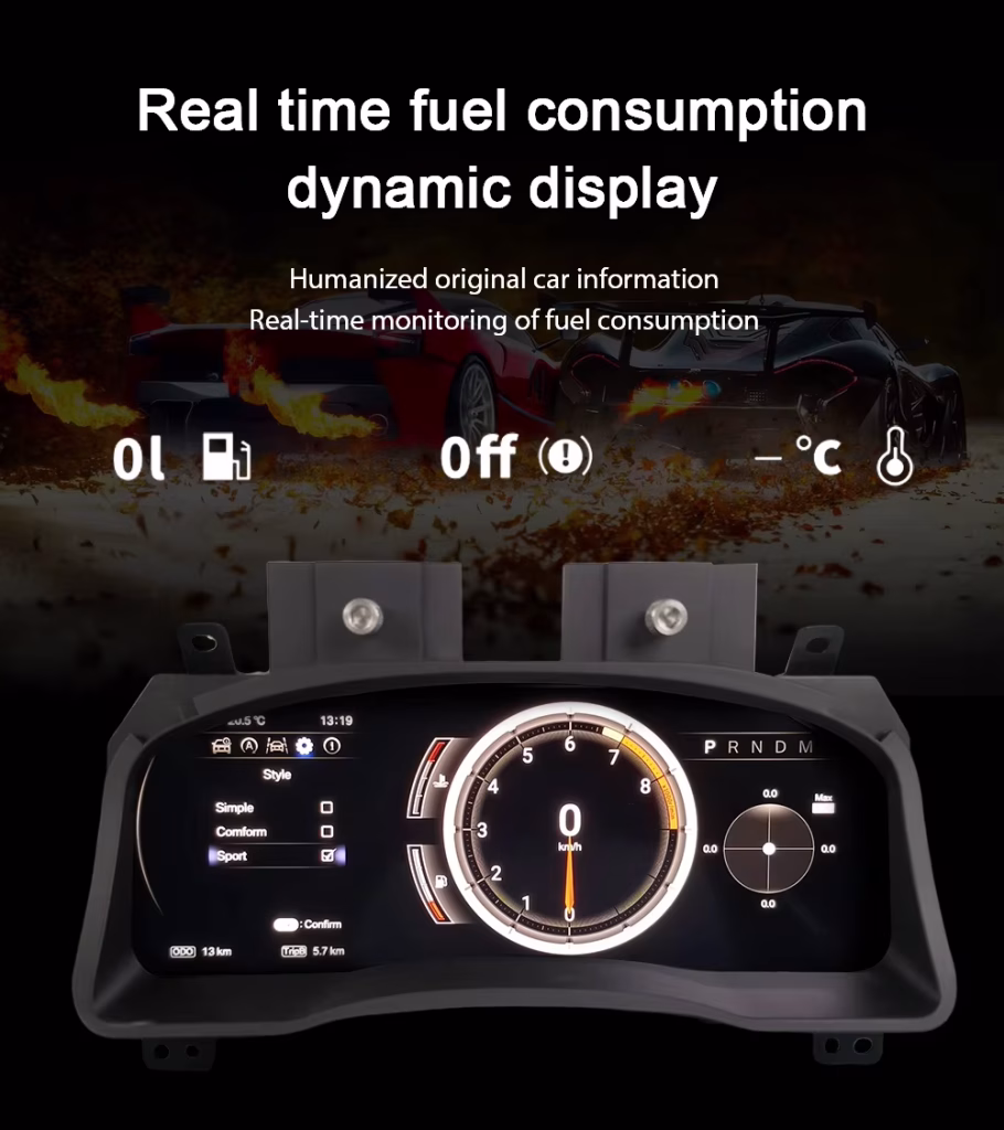 LC120 digital cluster showing fuel consumption and temperature information