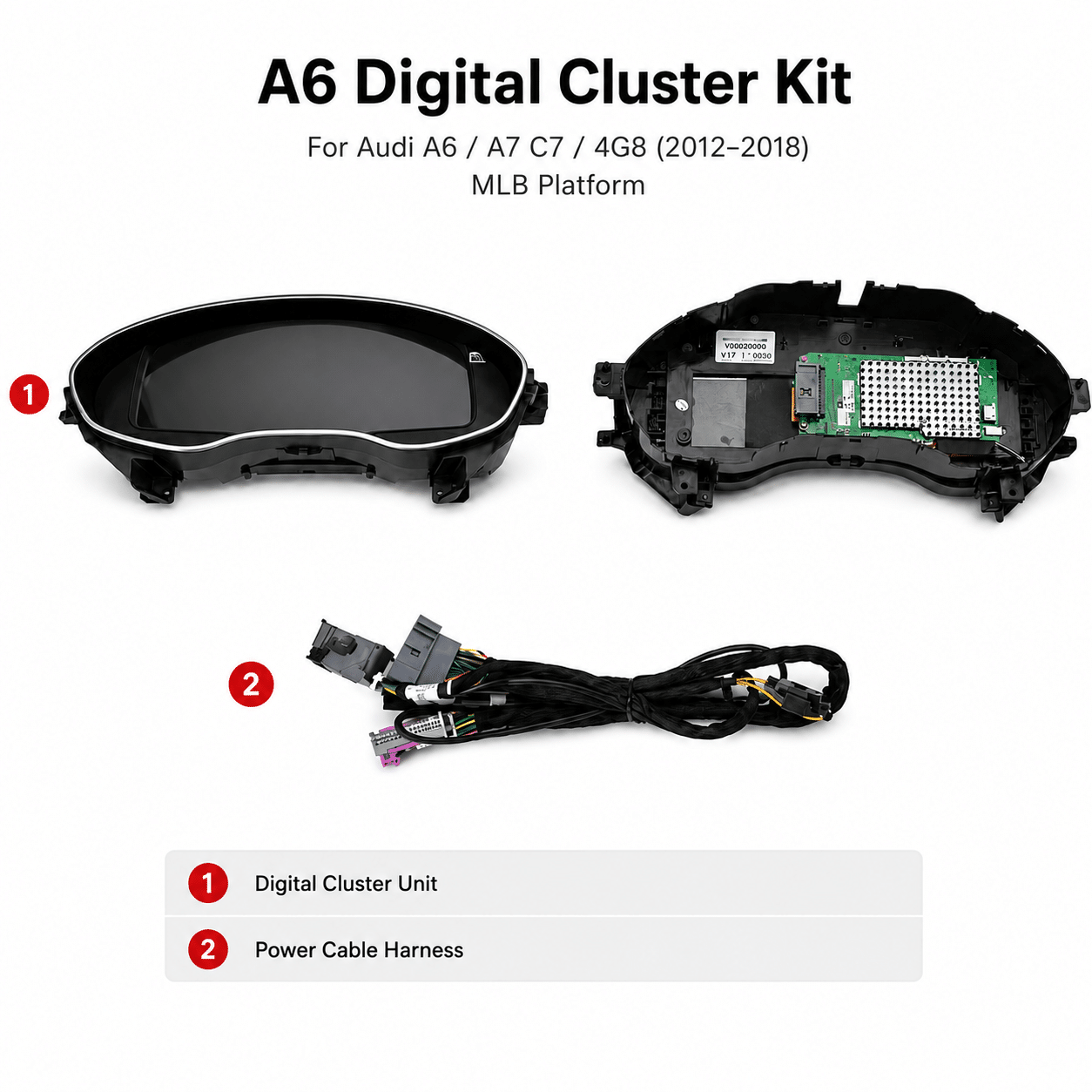 Audi A6 A7 digital cluster kit contents with cluster unit and power cable harness