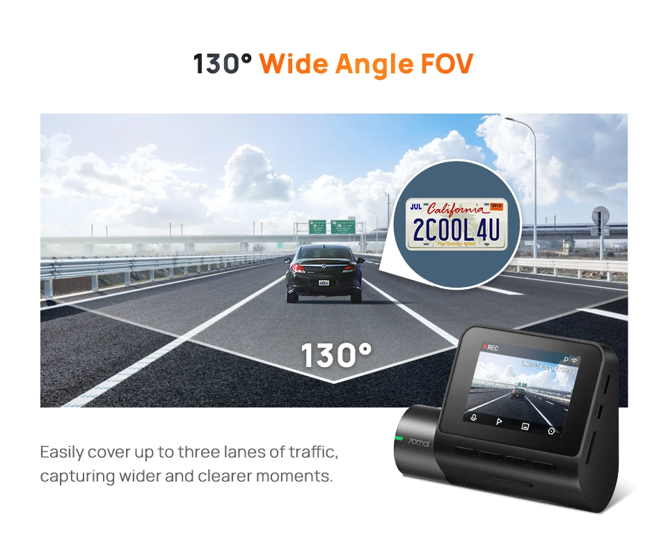 70mai A200 Dual Dash Cam wide angle lens