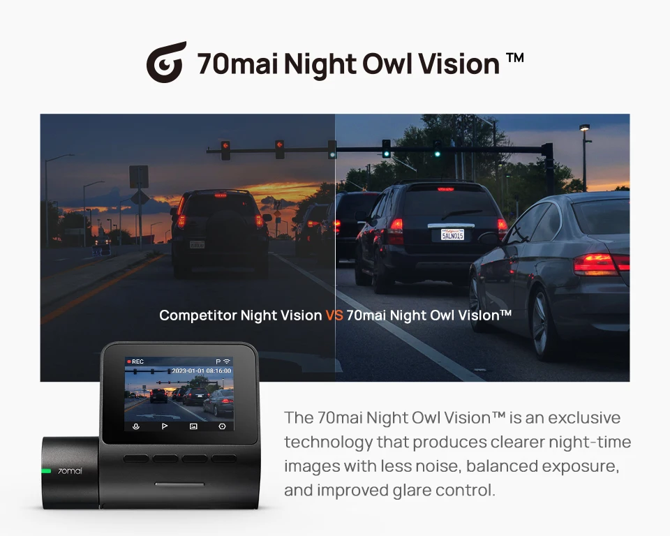 70mai Night Owl Vision DVR low light recording