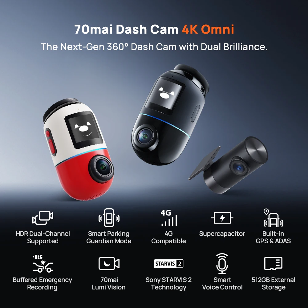 70mai Omni X800 Dash Cam | 4K 360° View, Dual, 4G LTE