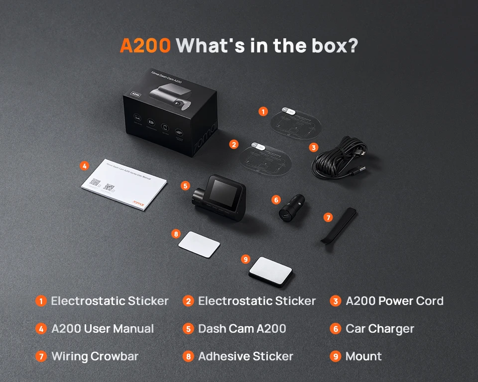 70mai A200 Dual Dash Cam package contents