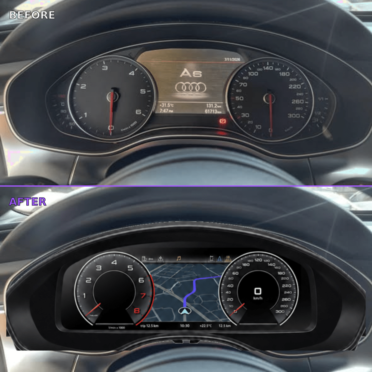 Audi A6 C7 original cluster before and 12.3-inch virtual cockpit retrofit after installation