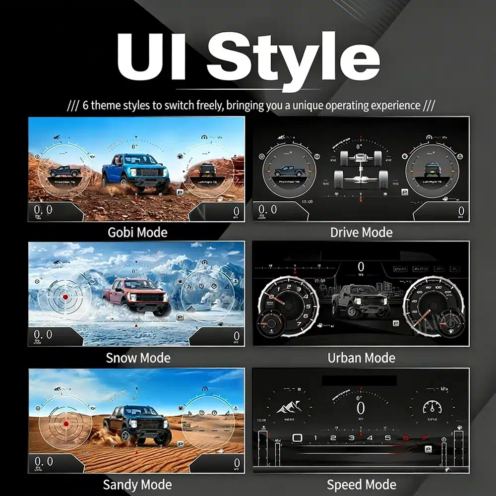 six clear UI styles for Ford F150 Raptor digital instrument cluster including Gobi Drive Snow Urban Sandy and Speed modes