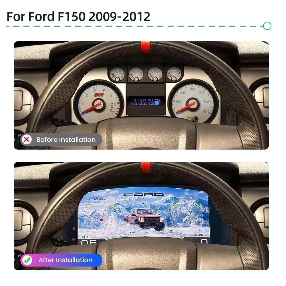 before and after comparison of a 2009-2012 Ford F150 analog cluster and digital cluster