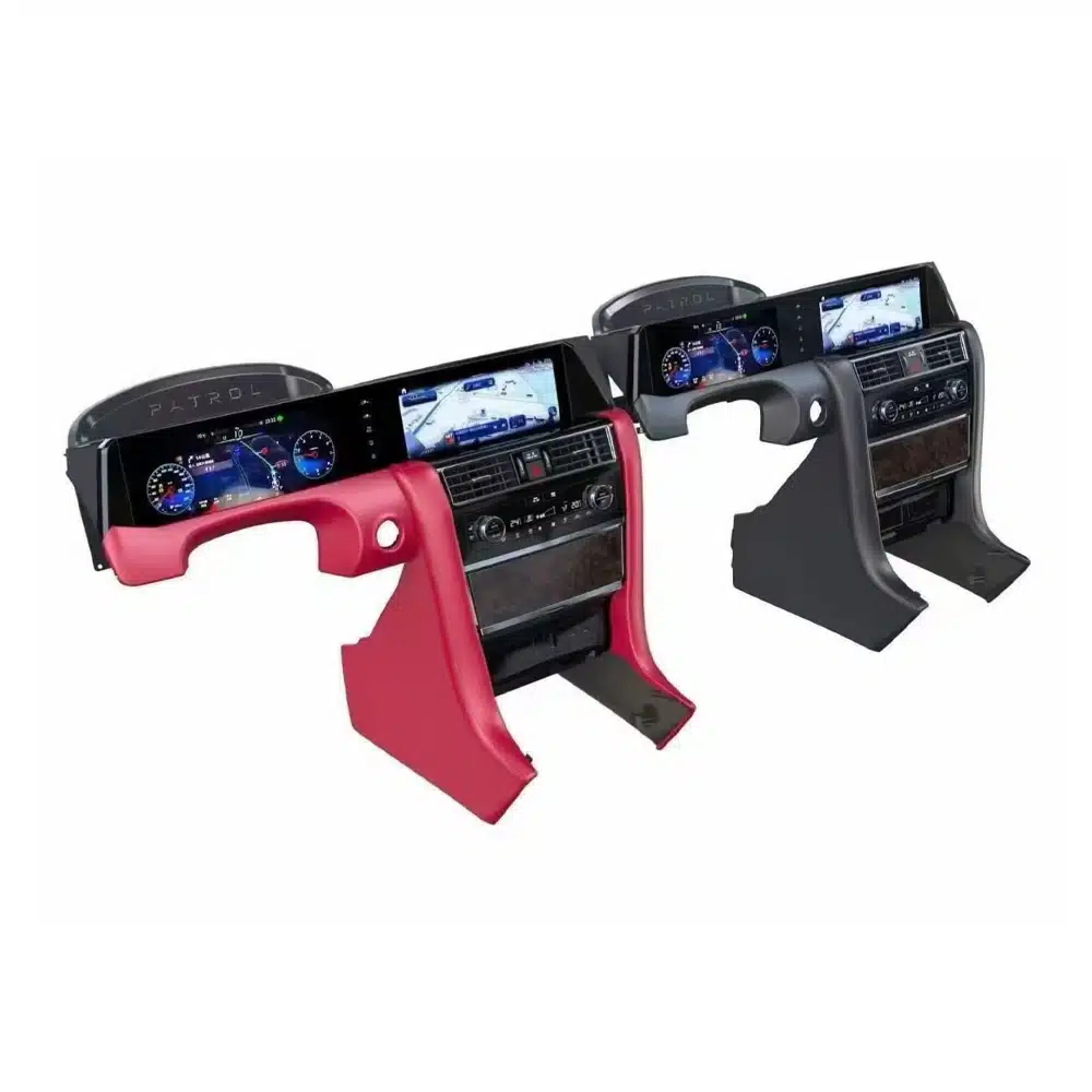 Black and red Nissan Patrol Y62 dual screen dashboard options