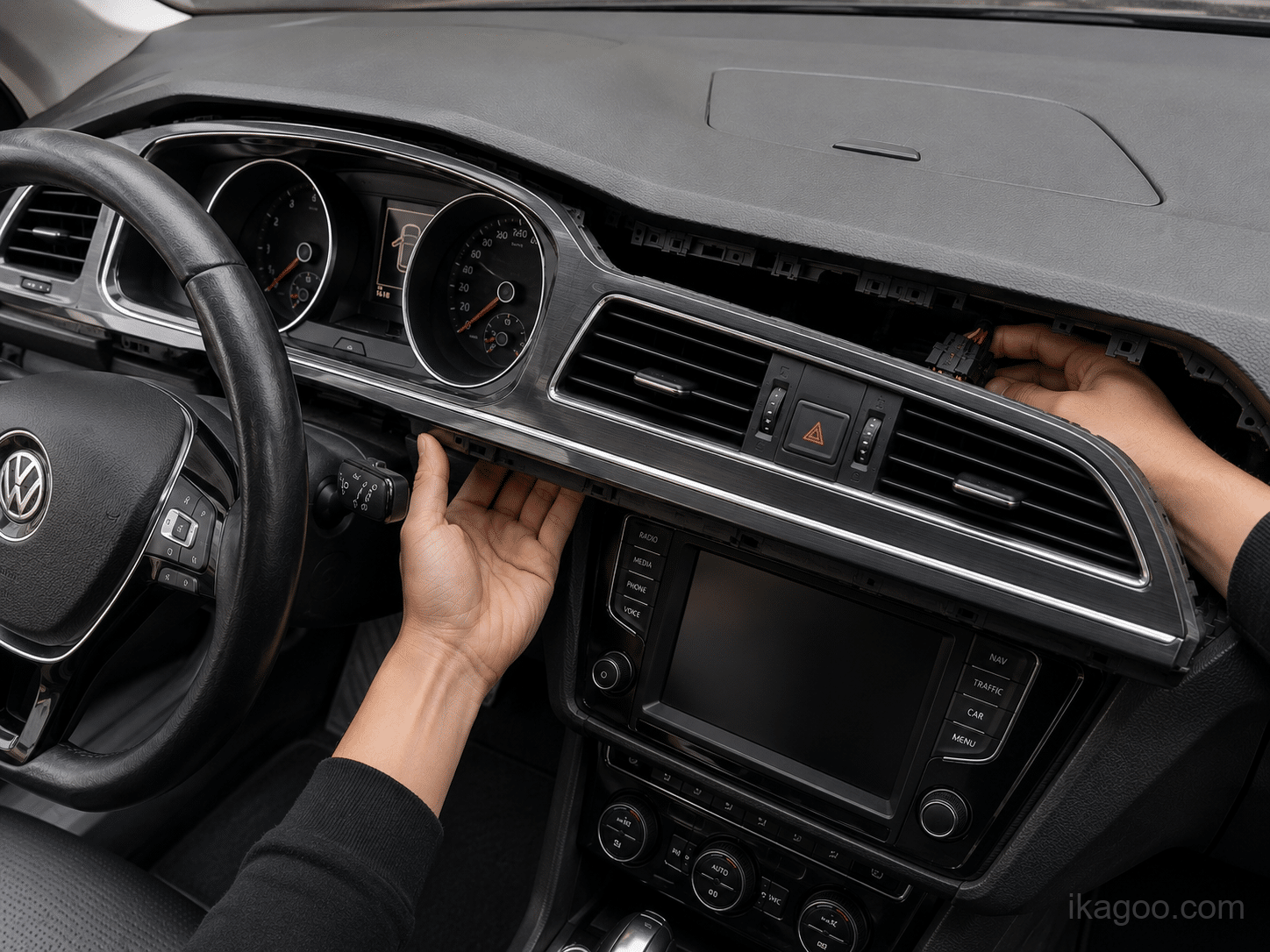 Disconnecting hazard switch plug behind center dual air vent during Volkswagen Tiguan 2017-2022 Full LCD Instrument Cluster installation