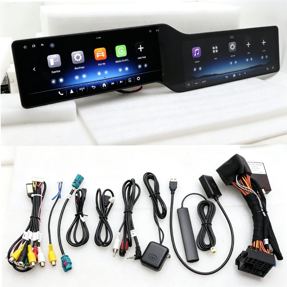 Mercedes C-Class and GLC dual-screen Android radio with wiring harnesses antennas USB cables and interface accessories