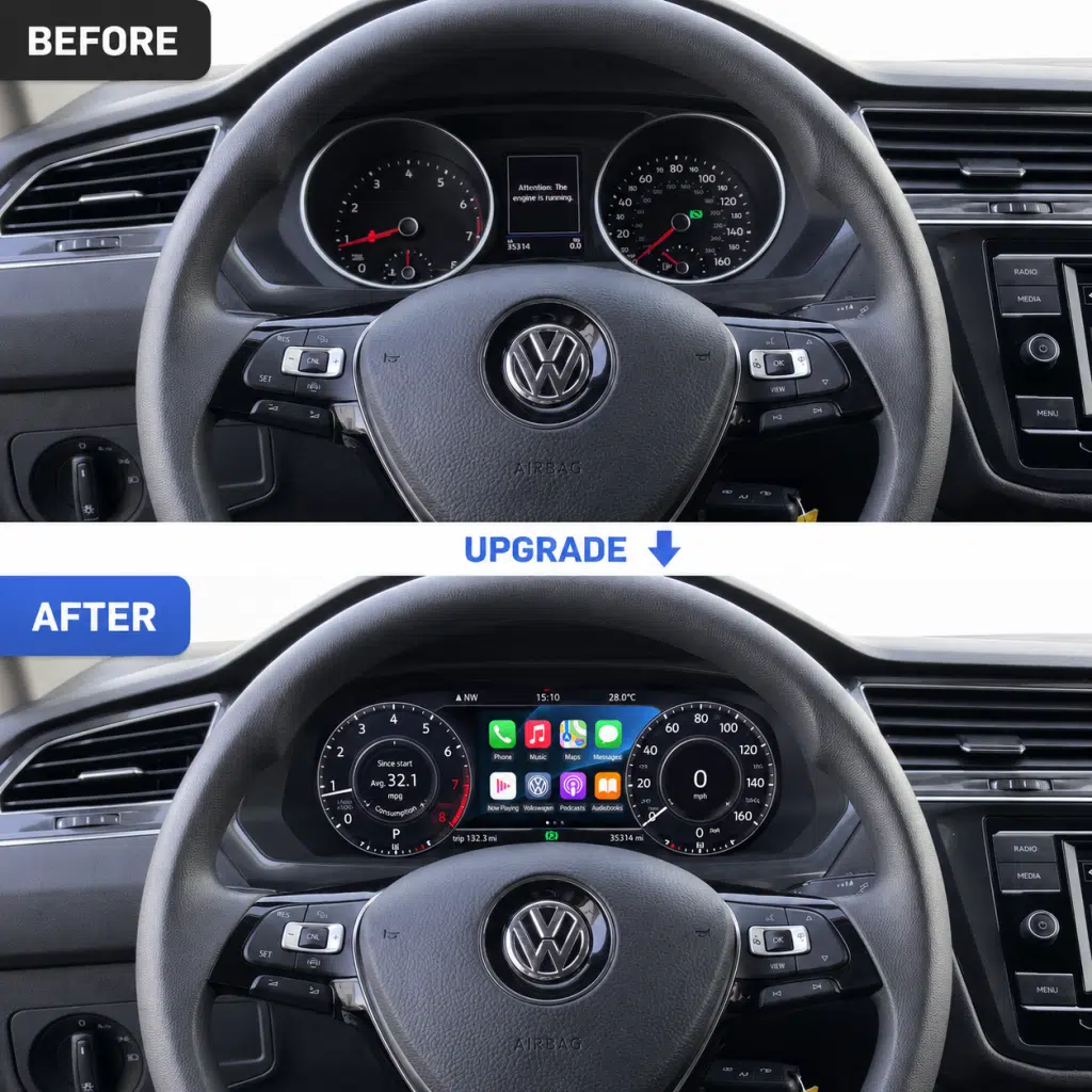 VW Tiguan 2017–2022 digital cluster before and after upgrade