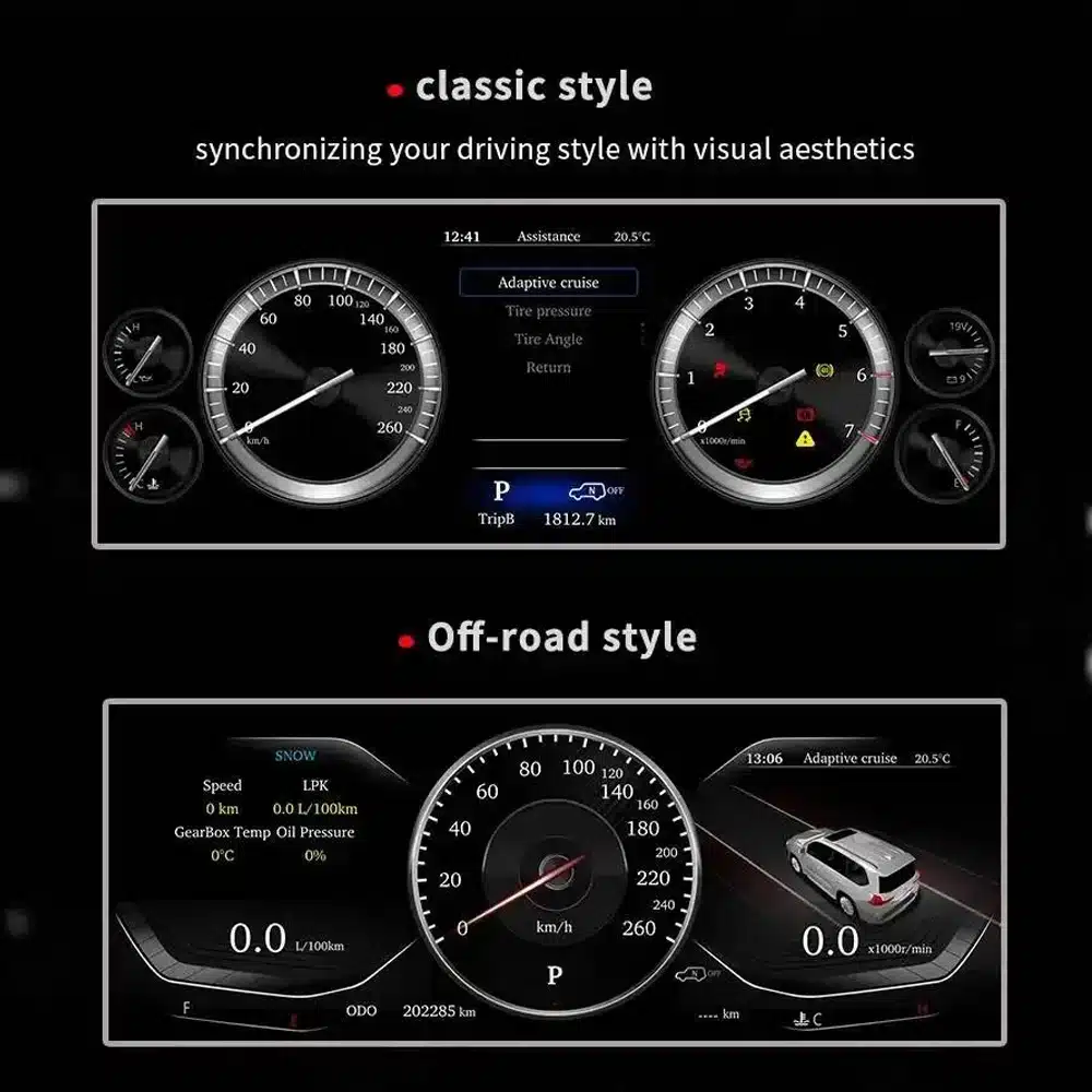 Toyota Alphard digital cluster classic and off-road display themes