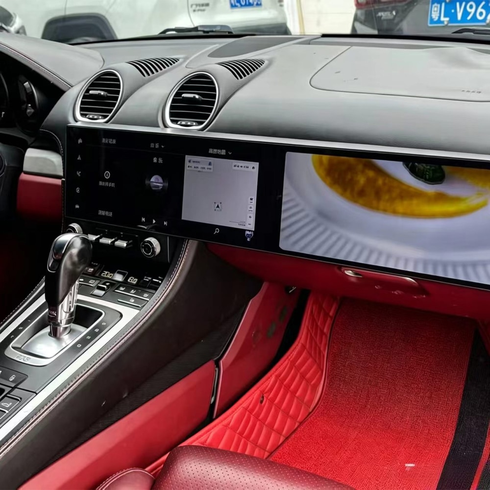 Porsche 718 Cayman Android head unit navigation and media split-screen view