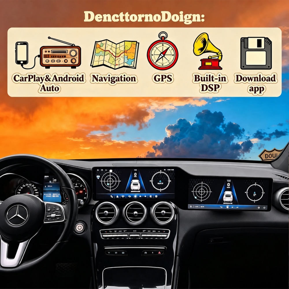 Mercedes dual-screen Android radio function overview showing CarPlay Android Auto navigation GPS DSP and applications