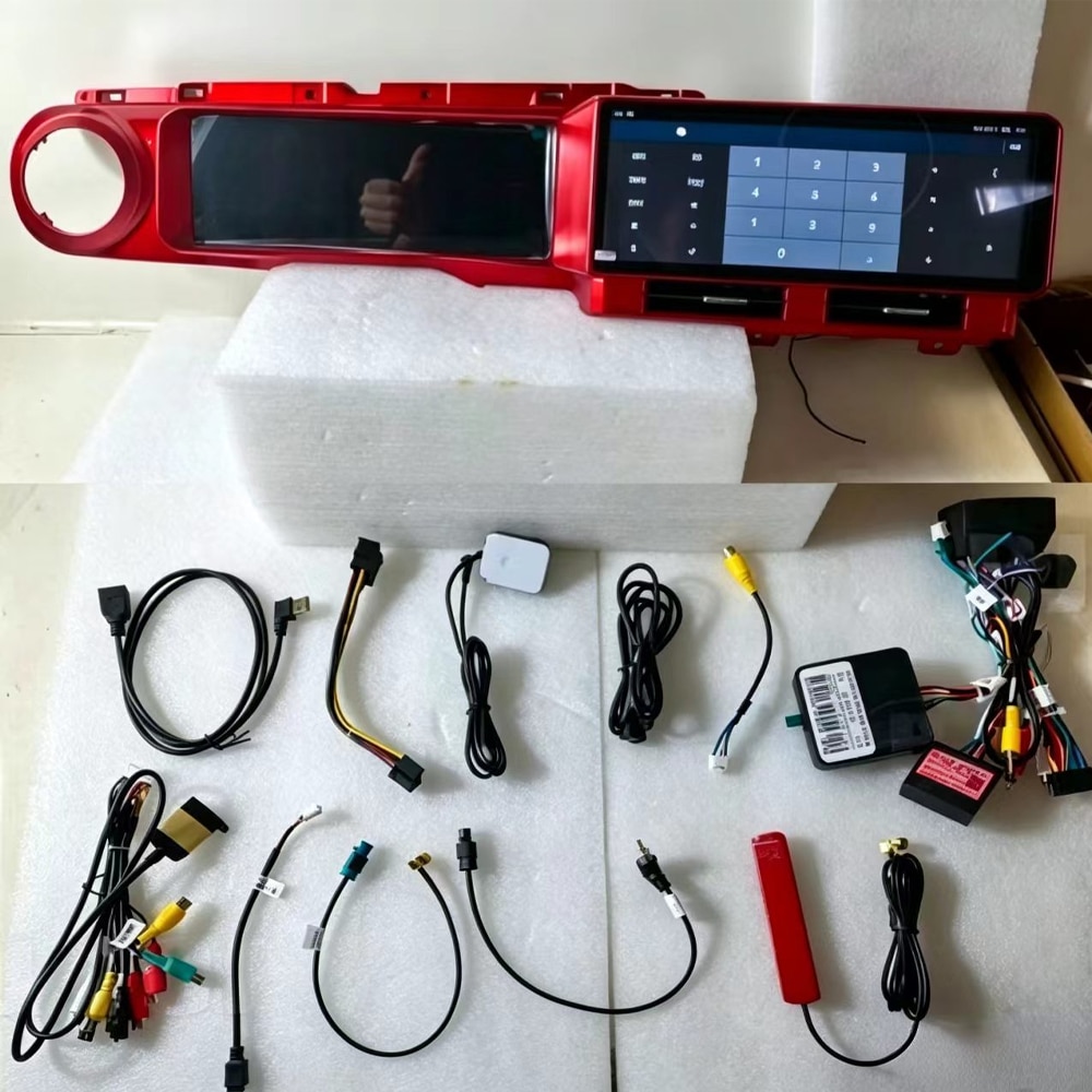 Jeep Wrangler JL red dual screen dashboard with vehicle-specific wiring harness modules antennas and cables