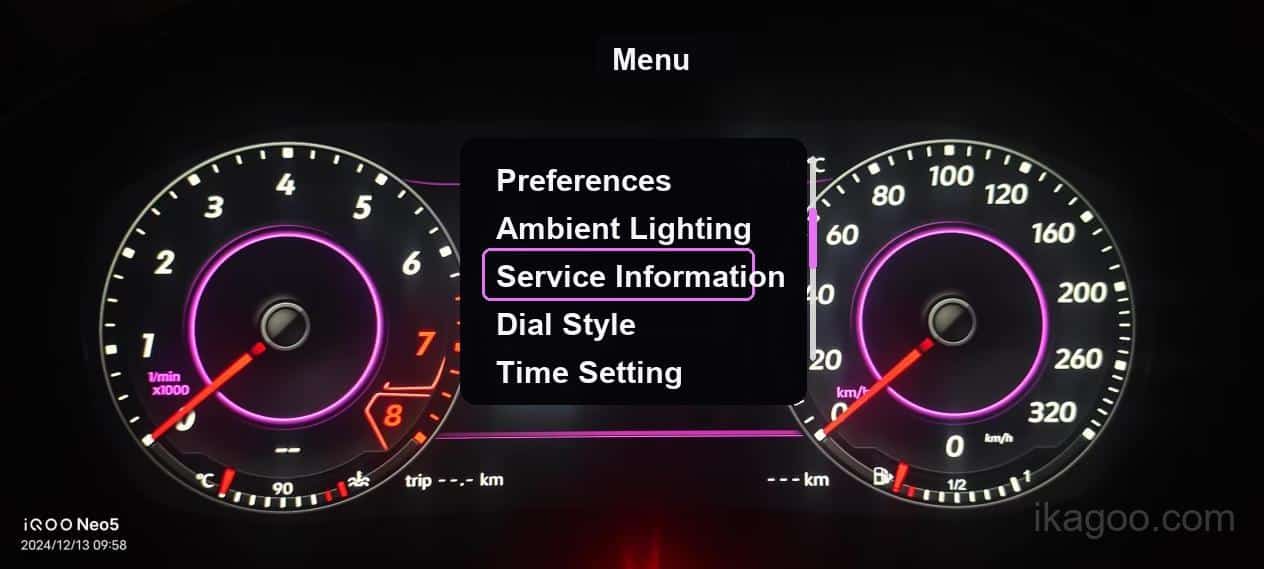 iKagoo VW Audi Digital Instrument Cluster Användarmanual 3 Sidan för inställningar och serviceinformation i det digitala instrumentklustret för Volkswagen Audi
