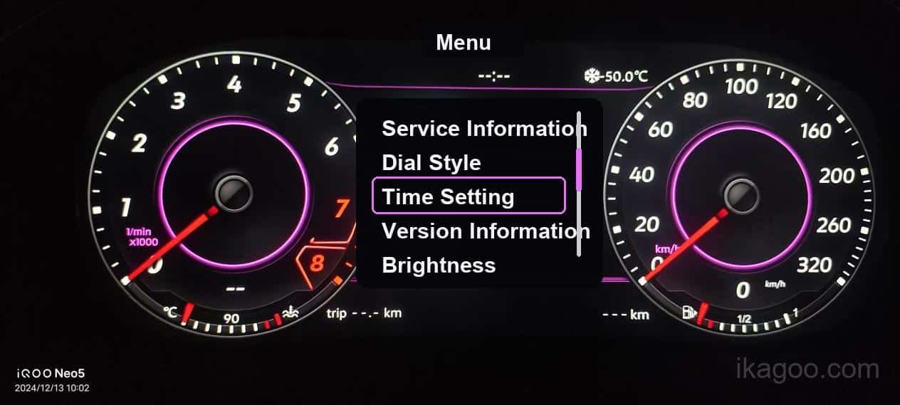 iKagoo VW Audi Digital Instrument Cluster Användarmanual 10 Skärmen för tidsinställning i det digitala instrumentklustret för Volkswagen Audi