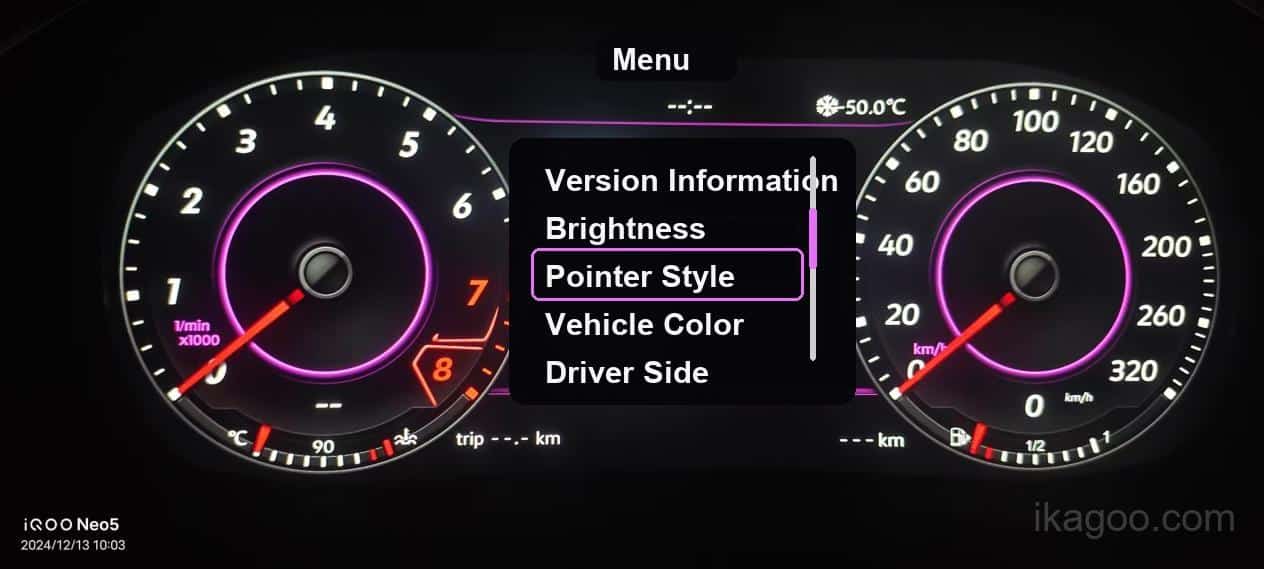 iKagoo VW Audi Digital Instrument Cluster Användarmanual 6 Menyn för pekarstilen i det digitala instrumentklustret för Volkswagen Audi