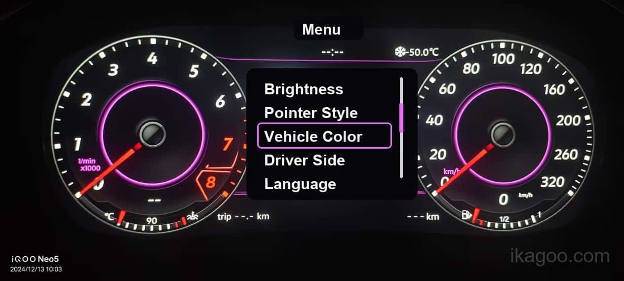 iKagoo VW Audi Digital Instrument Cluster Användarmanual 7 Menyn för fordonsmodellens färg i det digitala instrumentklustret för Volkswagen Audi