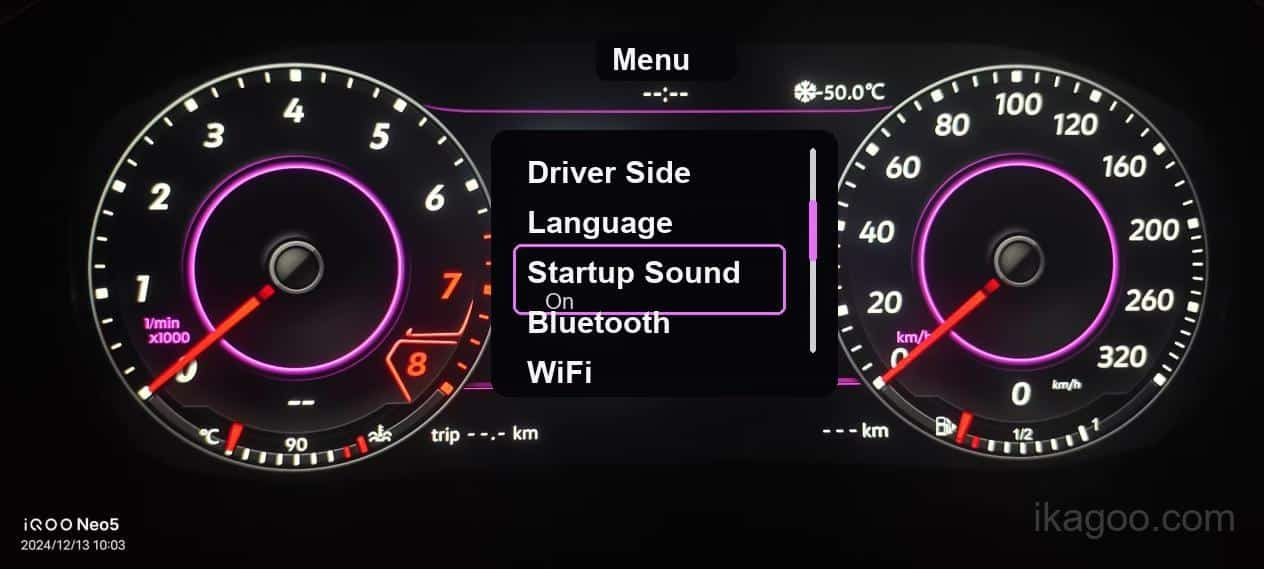 iKagoo VW Audi Digital Instrument Cluster Användarmanual 12 Volkswagen Audi digital instrumentkluster inställningsskärm för startljud