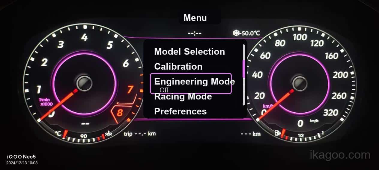 iKagoo VW Audi Digital Instrument Cluster Användarmanual 16 Volkswagen Audi digital instrumentkluster skärm för ingenjörsläge