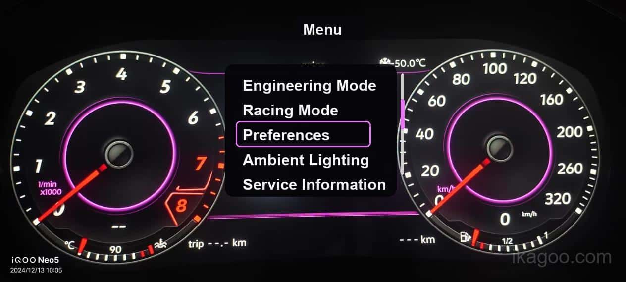 iKagoo VW Audi Digital Instrument Cluster Användarmanual 17 Volkswagen Audi digital instrumentkluster menyskärm för inställningar