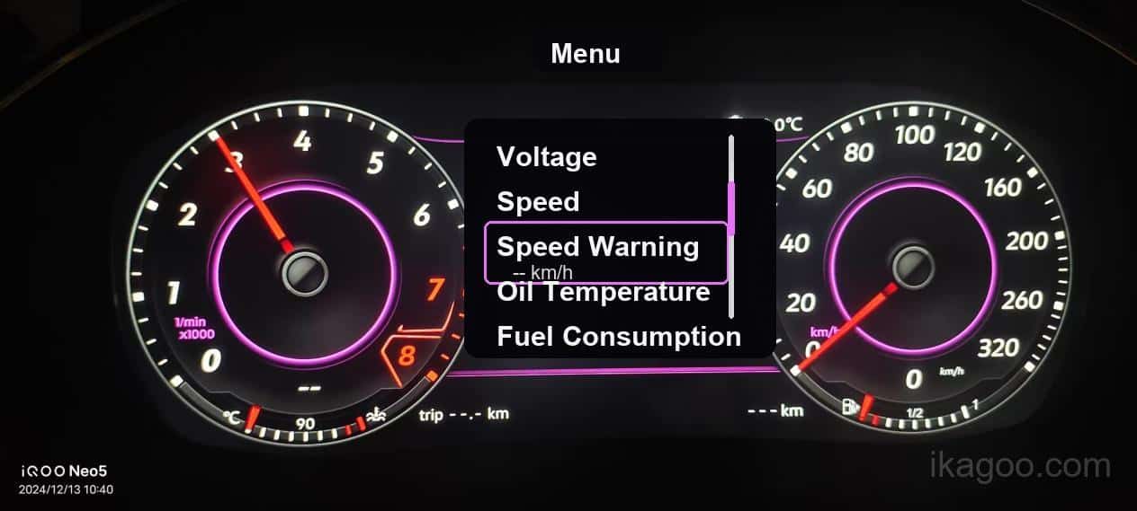 iKagoo VW Audi Digital Instrument Cluster Användarmanual 21 Volkswagen Audi digital instrumentkluster meny för hastighetsvarning