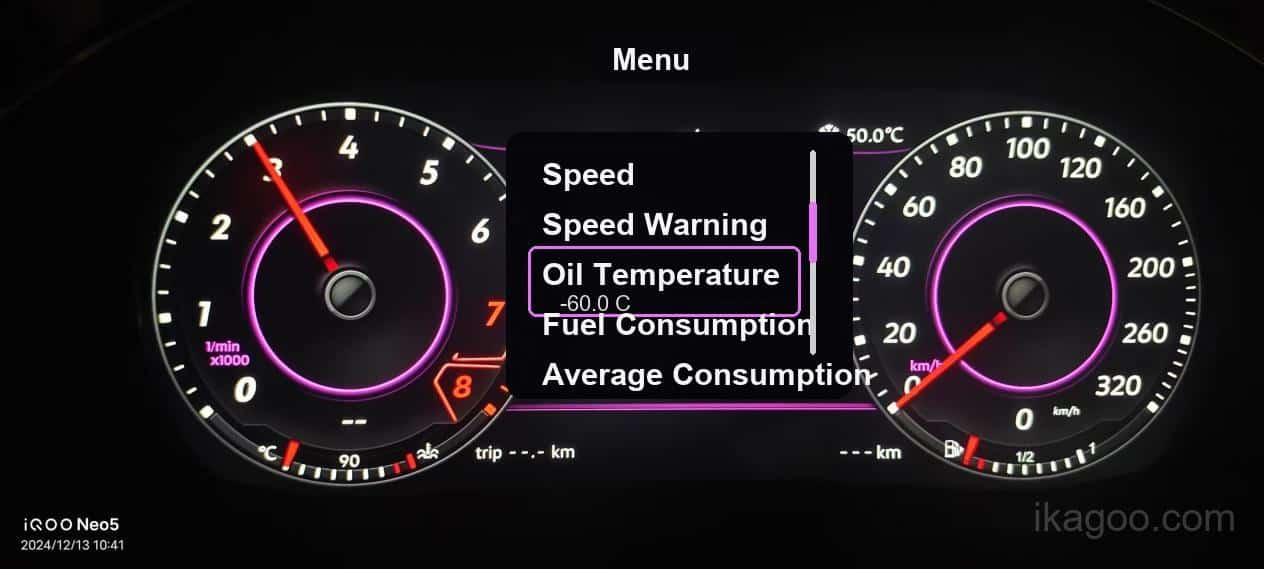 iKagoo VW Audi Digital Instrument Cluster Användarmanual 22 Volkswagen Audi digital instrumentkluster sida för visning av oljetemperatur