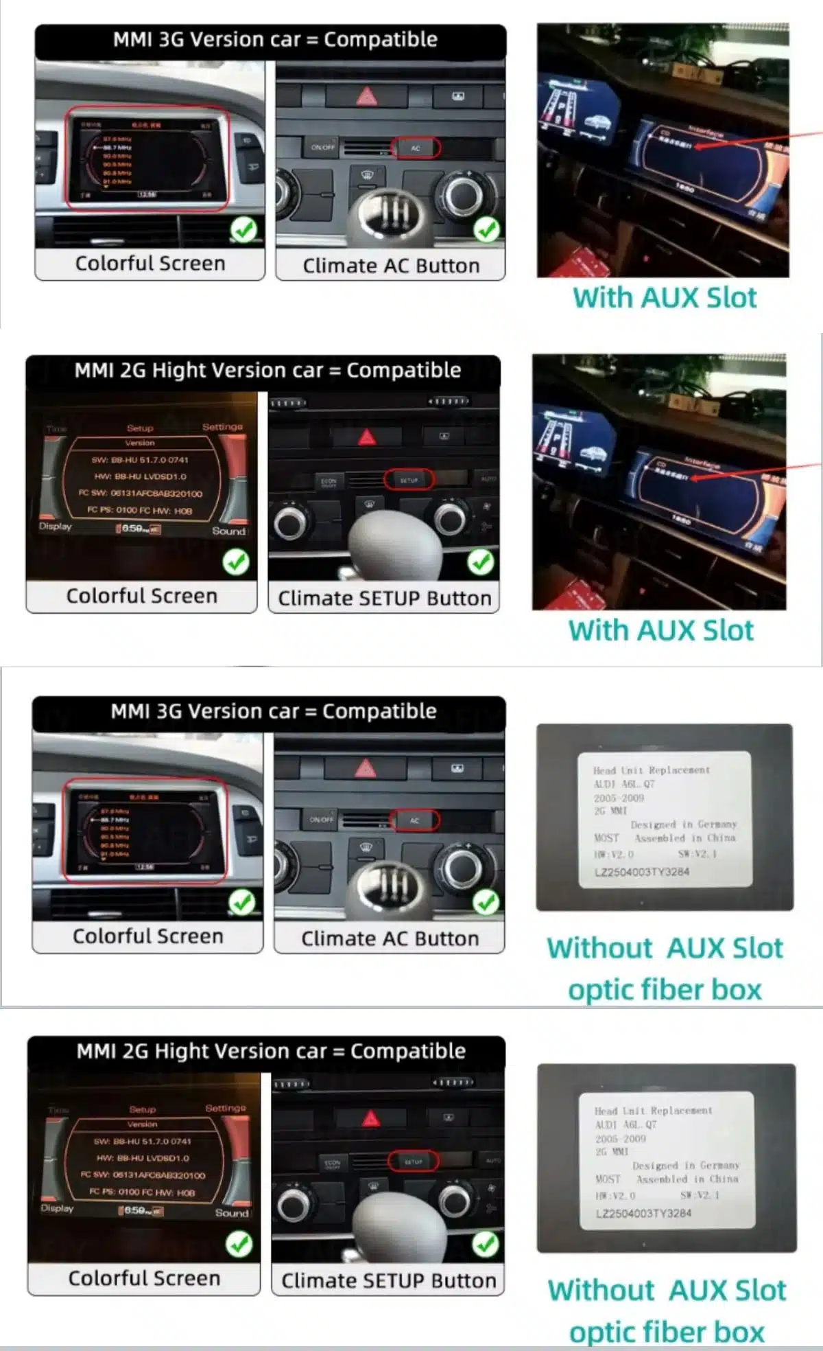 Audi Q7 digital cluster 2005–2015 MMI 2G MMI 3G AUX fiber optic box compatibility check