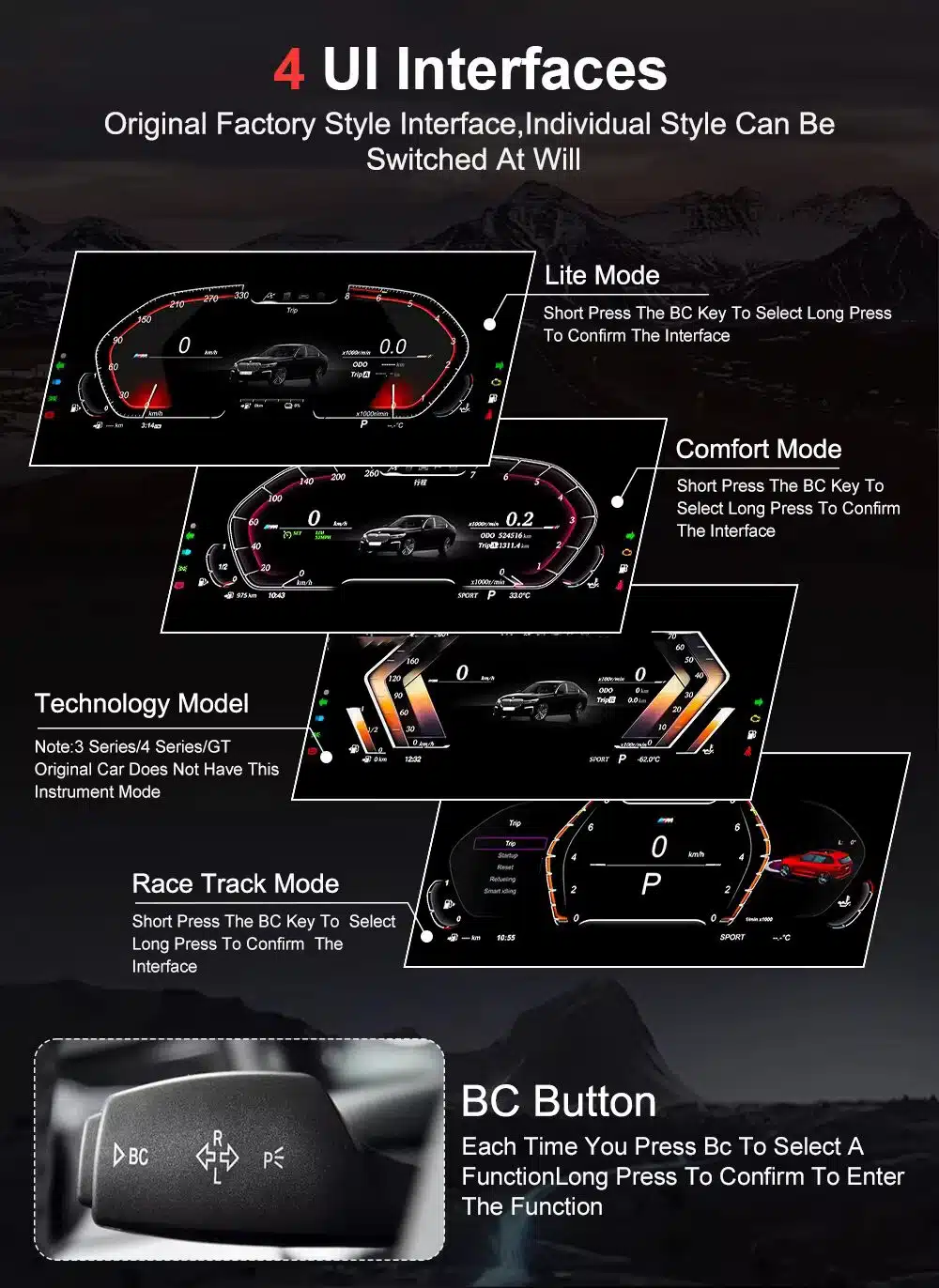 Cluster digital BMW F13 dengan empat antarmuka pengguna yang dikendalikan oleh tombol BC
