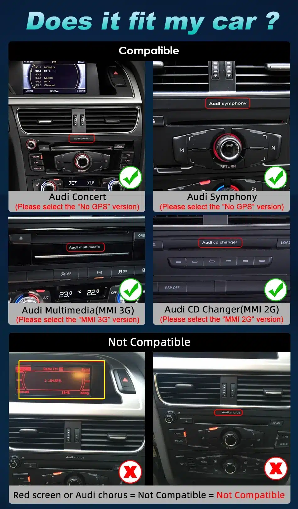 Audi A4 A5 Android head unit 2017-2021 compatibility check for Audi Concert Symphony MMI 3G and MMI 2G systems