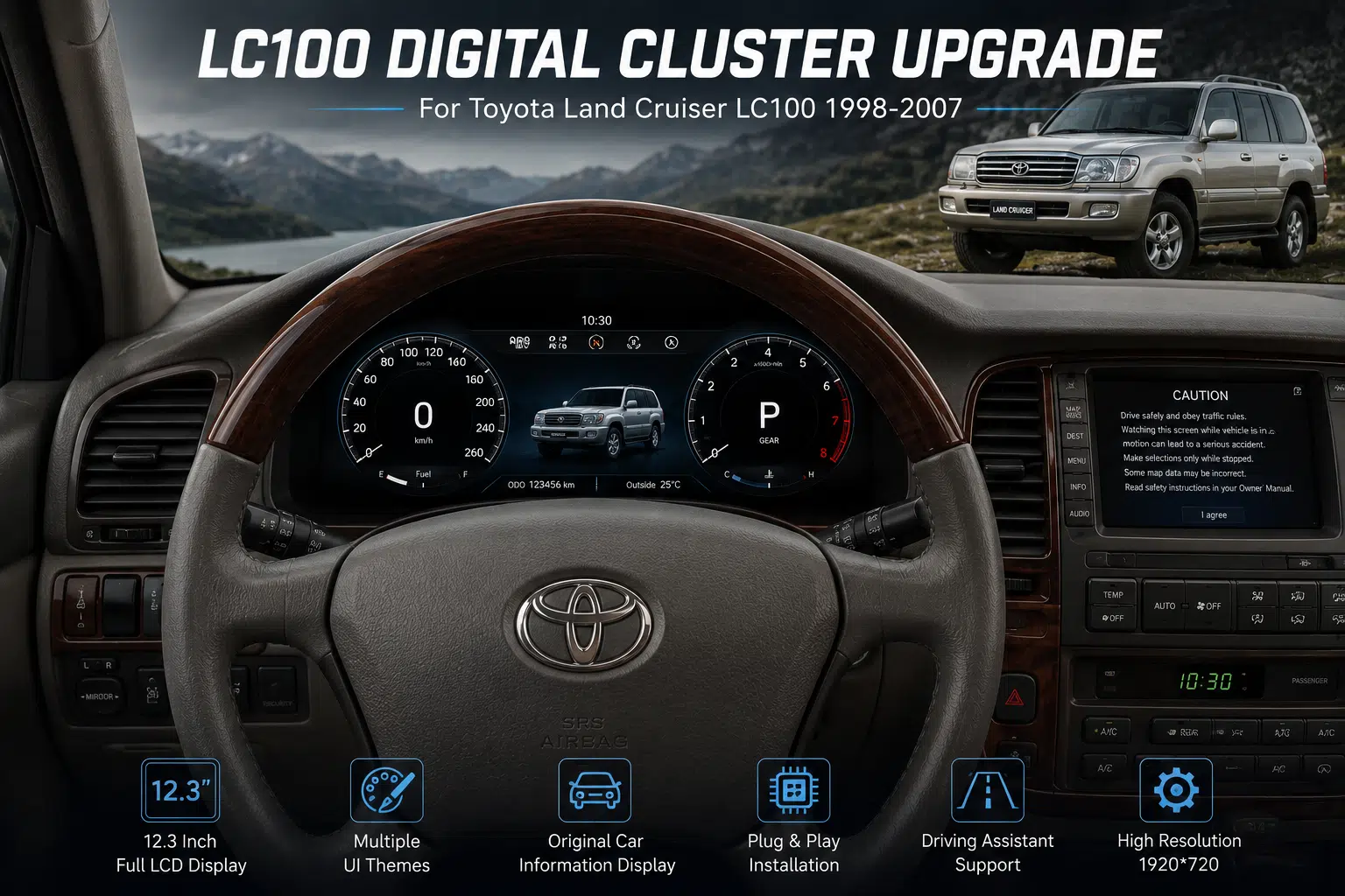 LC100 Digital Cluster installed for Toyota Land Cruiser 100 and Lexus LX470 dashboard upgrade