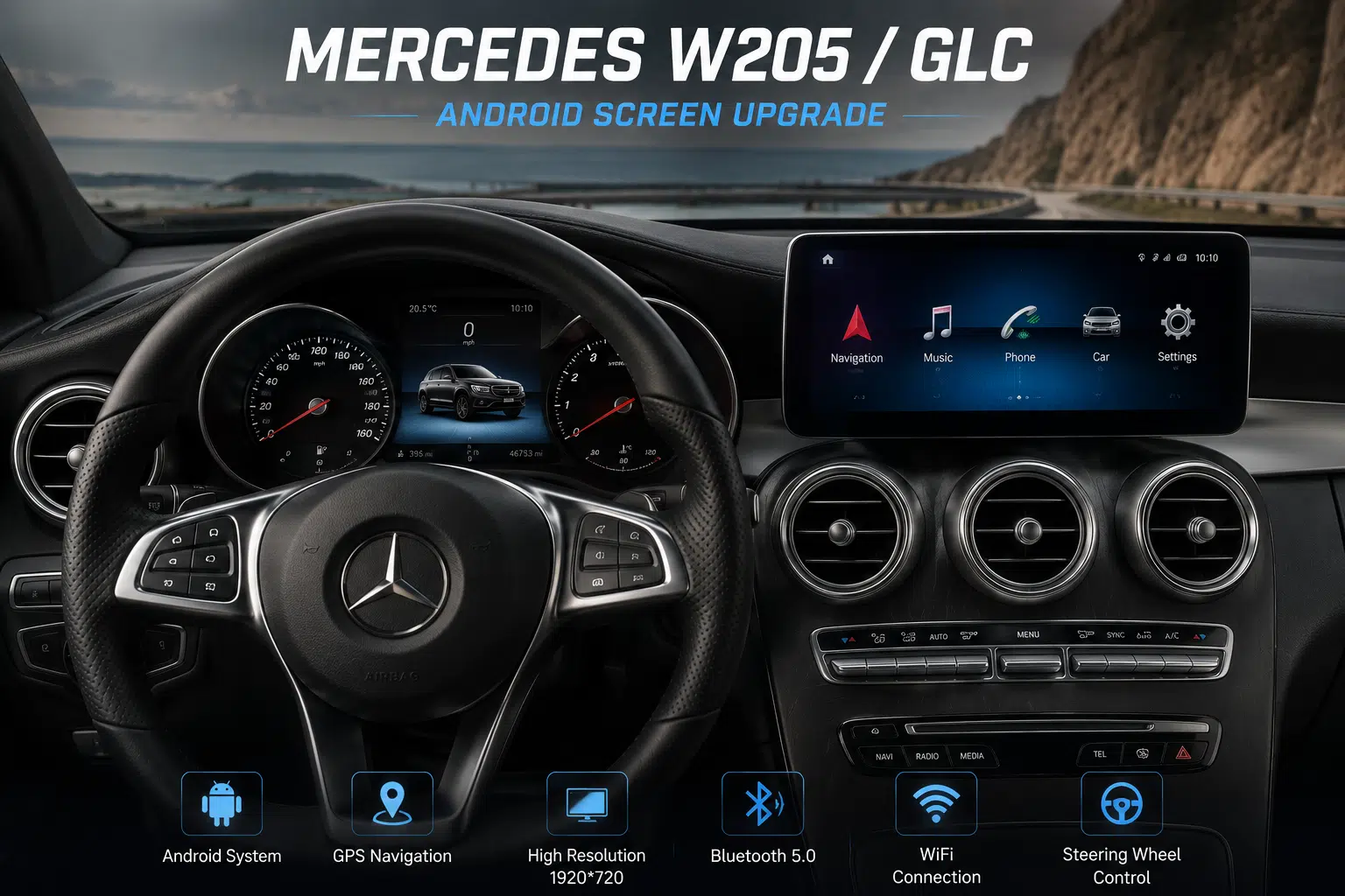 Mercedes W205 GLC Android screen upgrade installed dashboard view