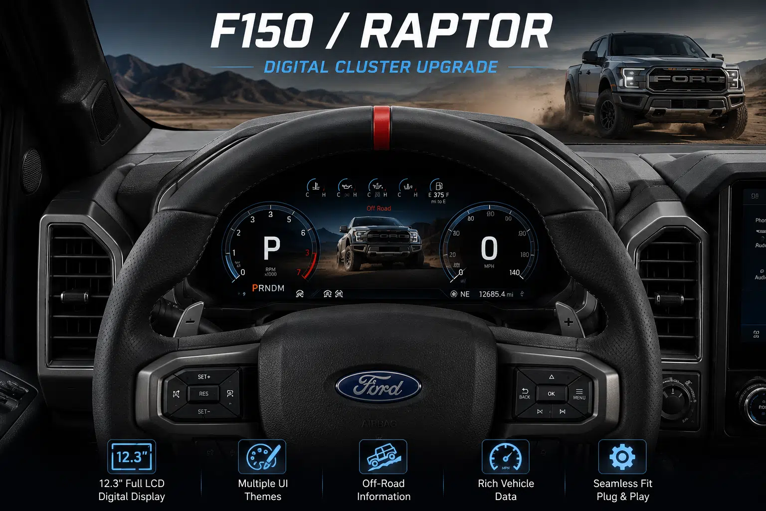 F150 Digital Instrument Cluster installed in Ford F-150 Raptor dashboard with 12.3 inch display