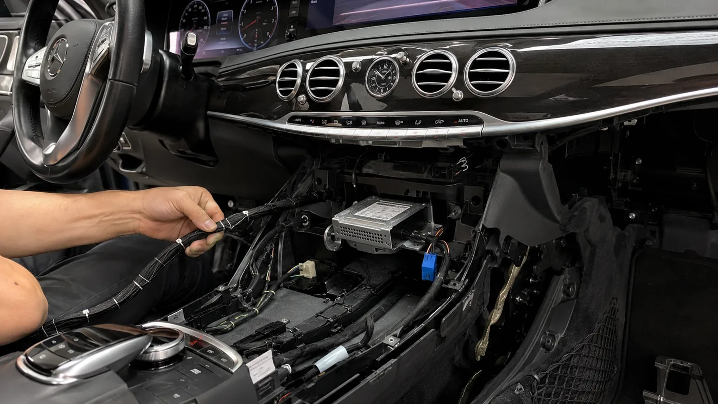 iKAGOO installation wiring organised and secured behind a vehicle dashboard